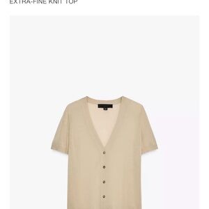 Zara Extra-Fine Knit Short Sleeve Button V-Neck Top — Beige